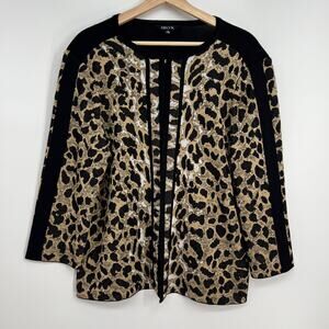 Vtg Misook Cardigan Sweater Petite Large Leopard Print Black Tan Shoulder Pads